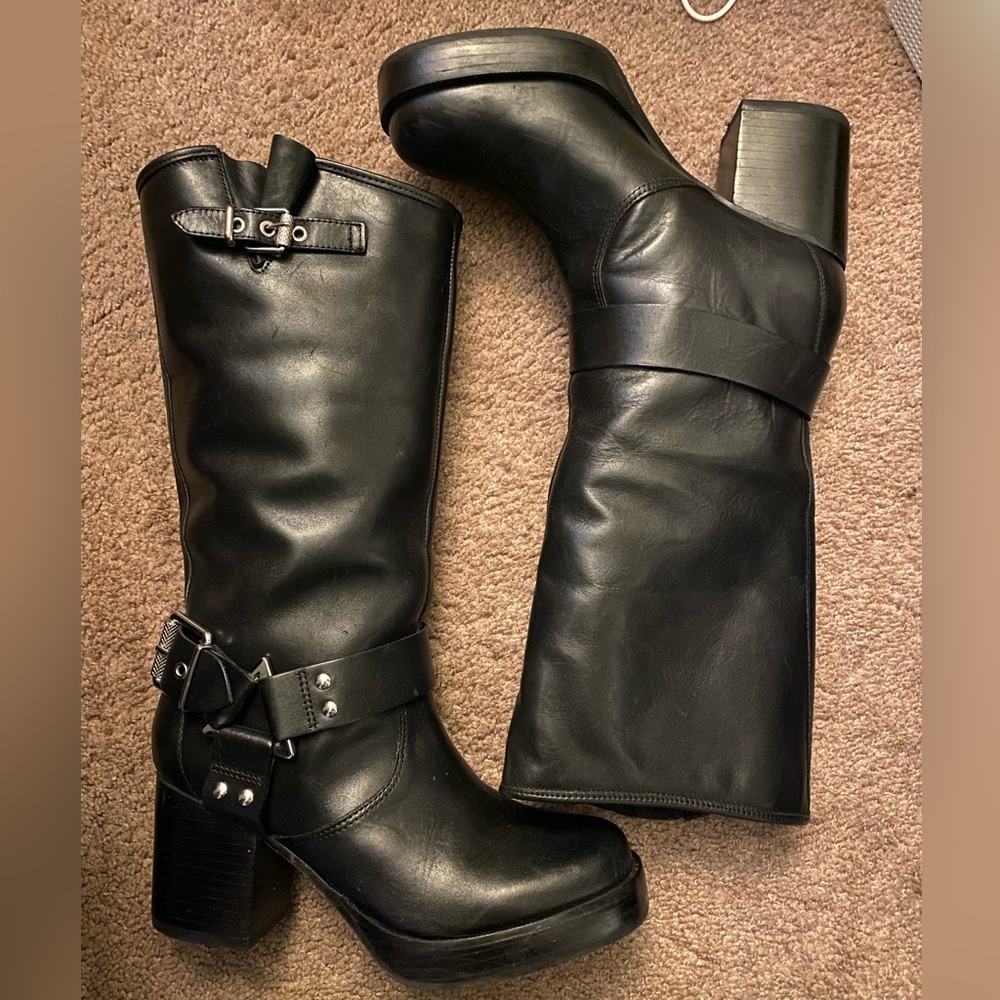 SCHUTZ Kiara Harness Studded Strap High Heel Boots in Black. Size US 8.5.